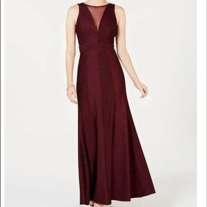 Nightway Burgundy Red Shimmer Maxi Dress Size 16 Illusion Neckline Evening Gown
